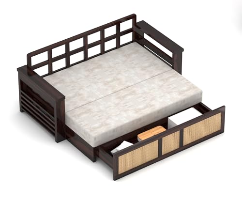 Image of Solid Sheesham Wood Sofa Cum Bed with Cane Rattan Design | Convertible Sofa Bed for Living Room & Bedroom (Walnut Finish)