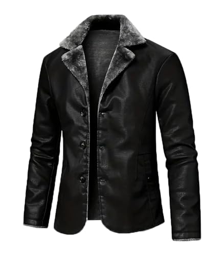 Image of INVACHI Leather Jacket Men Faux Leather Fur Collar Mid-Length Jacket Padded Lining Winter Warm Lapel Trench Coat