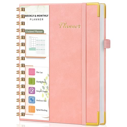 Undated Weekly Planner Hardcover Leather Weekly & Monthly Calendar Blank Planner To Do List Notebook with Goal & Habit Tracker Organizer A5 Daily Planner with Spiral Binding Ideal for Work School Home Pink