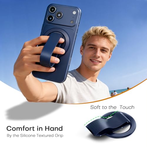 Image of SINCEHOLY for MagSafe Phone Grip Ring, Magnetic Phone Holder with Silicone Finger Strap, 360 Rotating Dual-Axis Kickstand, N52 Magnetic Phone Stand Grip for Mag Safe iPhone 17 /16 /15 /14 /13 /12, Blue