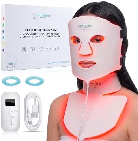 Nourished Bodynskin 7 Farben LED-Gesichts- und Nackenmaske mit Nahinfrarot - Blaues, rotes Lichttherapiegerät für das Gesicht - 912 LEDs - Hautpflege-Werkzeug gegen die Hautalterun