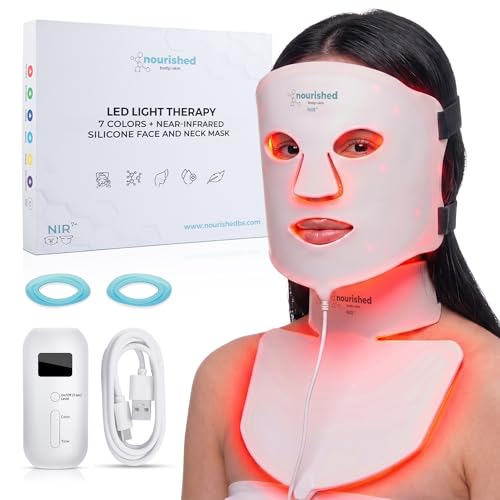 Nourished Bodynskin 7 Farben LED-Gesichts- und Nackenmaske mit Nahinfrarot - Blaues, rotes Lichttherapiegerät für das Gesicht - 228 LEDs - Hautpflege-Werkzeug gegen die Hautalterung
