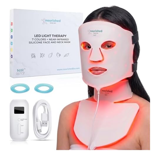 Nourished Bodynskin 7 Farben LED-Gesichts- und Nackenmaske mit Nahinfrarot - Blaues, rotes Lichttherapiegerät für das Gesicht - 228 LEDs - Hautpflege-Werkzeug gegen die Hautalterung