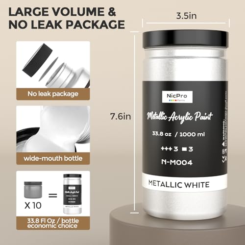 Image of Nicpro Metallic Pearl White Acrylic Paint, 33.8oz /1000m Large Craft Paint | Non Toxic Non Fading Pearlescent White Paint for Metal Wood Clay Fabric Canvas Ceramic Furniture Handcraft Art Supplies