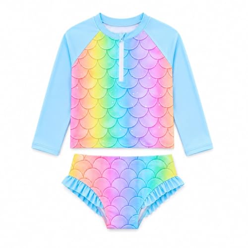 Image of HILEELANG Toddler & Little Girls' Long Sleeve Rash Guard Swimwear Set - UV Protection, 2-Piece Design, Fun Prints, 2-9 Years