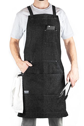 Hudson Durable Goods Adjustable Crossback Denim Apron With Pockets – 34 X 27 In. Chefs Apron With 4 Pockets And Loop Fits Most – Black Denim Apron For Men And Women In Home Or Commercial Settings #TOP2