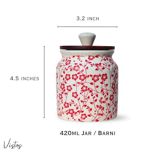 Image of Vistas 'Heritage Red' Airtight 420ml Set of 1 Ceramic Jar for Kitchen Storage | Handcrafted Ceramic Barni with Wooden Lid | Multipurpose Pickle, Spice & Salt Container