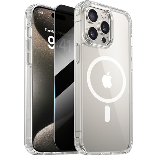 Diaclara Magnetic for iPhone 15 Pro Case, [with Privacy Screen Protector] [Anti Spy] [Military Grade Drop Protection] Heavy Duty Full-Body Shockproof Phone Case, Clear