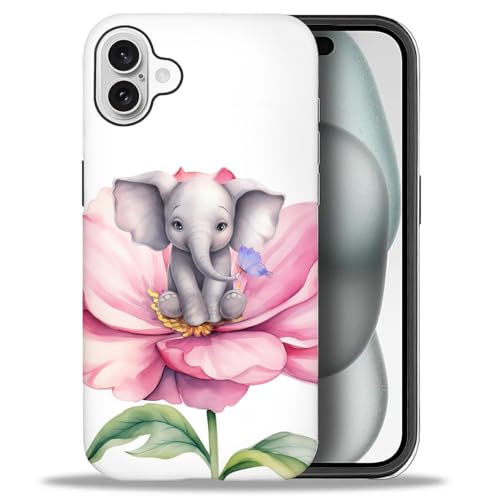 yicomon Compatible with iPhone 16 Plus Case, Elephant On Pink Flowers Pattern Print Phone Case Durable Fashion Funny Liquid Silicone Case Soft Anti-Scratch Shockproof Protective Cover