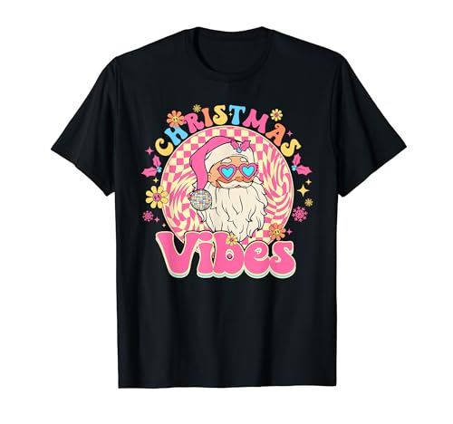 Retro Groovy Merry Christmas Vibes Pink Santa Claus Holiday T-Shirt