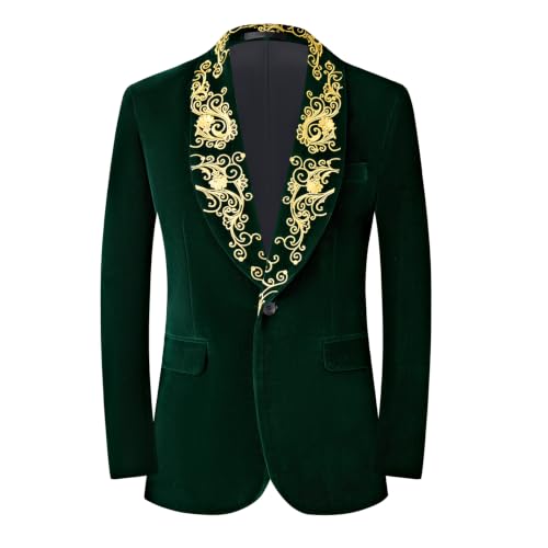 DAMANGUAN Men's Velvet Blazer, Gold Embroidered Suit Jacket, Black Tuxedo for Wedding Party Prom (US, Alpha, Small, Regular, Regular, Greenish Yellow) - image 1
