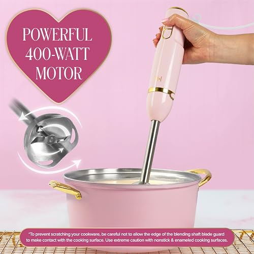 Image of Paris Hilton Hand Blender Set, 3-in-1 Immersion Blender with Whisk, Blending & Chopper Attachments, 400W High Speed, Pink with Gold Accents, Handheld Blender for Smoothies, Soups, Sauces, Cream, Pink