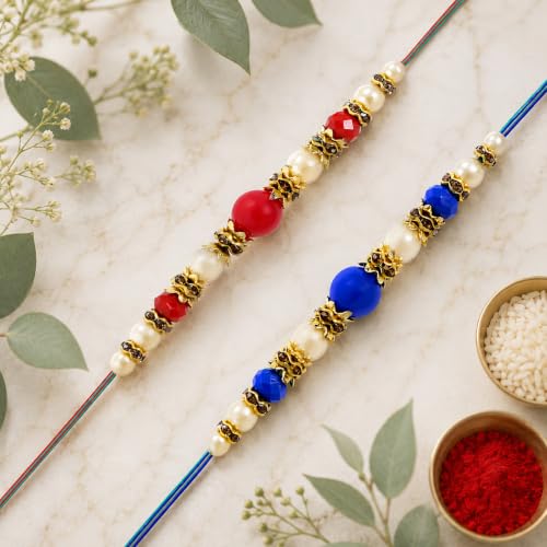 Image of Riddhika Ventures Lavish Pearl and Diamond Ring Bhaiya Bhabhi Rakhi (Set of 2) with Roli Chawal & Greeting Card | Raksha Bandhan Special