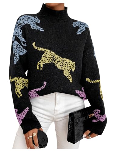 Image of WDIRARA Women's Leopard Tiger Print Sweater High Neck Long Sleeve Fuzzy Knitted Pullover Top
