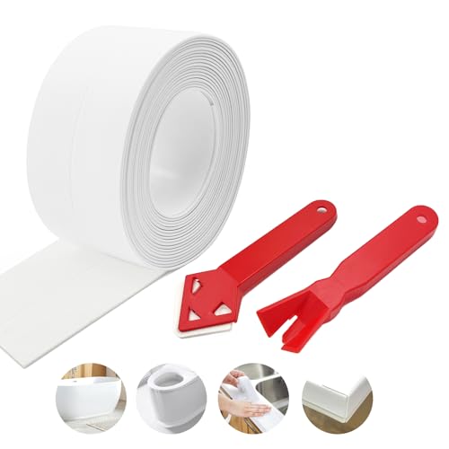 Image of SNAIL GARDEN 1 Roll White Sealant Caulk Strip with 2 Pcs Caulking Tool,Upgraded Non-Trace Caulk Tape,Self Adhesive Caulking Tape for Toilet Base,Bathroom, Bathtub, Kitchen, Wall Floor(3.2Mx3.8CM)