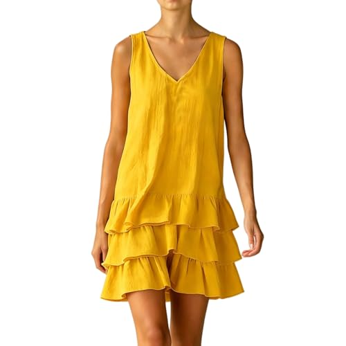 Robe mini débardeur en coton et lin pour femme avec col en V évasée