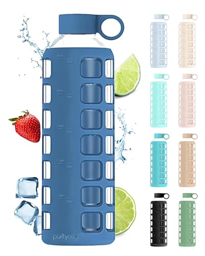 purifyou 40oz / 32oz / 22oz / 12oz Borosilicate Glass Water Bottle with Time & Volume Markers, Silicone Sleeve, Stainless Steel Lid | Reusable Glass Bottle for Water & Juice (40oz Chinese Porcelain)