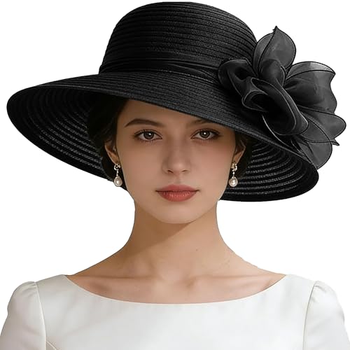 IZUS Womens Derby Sun Hat Bowknot Organza Fascinator Hat Floral Bowler Hats Church Bridal Wedding Spring Summer Mom-Hats