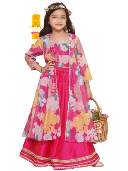 Bitiya by Bhama Girls Pink Floral Print Top & Shrug With Ready to...