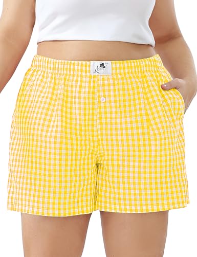 FOREYOND Plus Size Boxer Shorts for Women Plaid Y2K Beach Bottoms Pajamas Shorts Yellow White 3XL
