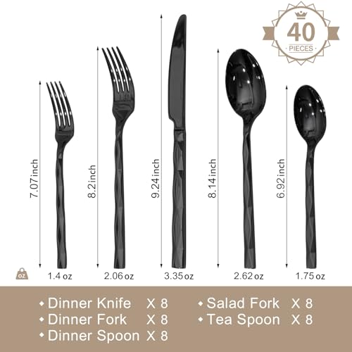 Image of KINGSTONE Black Silverware Set, Luxury 40 Piece Flatware Set for, 18 /10 Stainless Steel Cutlery Set with Diamond Cut Pattern for Kitchen, Home, Wedding, Party, Mirror Polished and Dishwasher Safe
