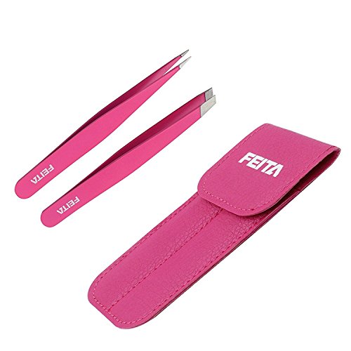 Precision Tweezers for Eyebrows - FEITA Professional Stainless Steel Slant & Pointed Eyebrow Tweezer Set with Travel Case for Woman Facial Hair Removal Clip (Pink - 2 Pcs)