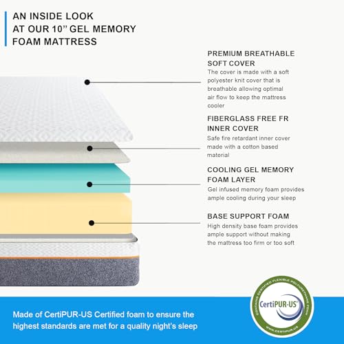 Image of Irvine Home Collection Queen Adjustable Bed Base with 10 Inch Gel Memory Foam Mattress Combo, Massage, Underbed Light, Wireless Remote