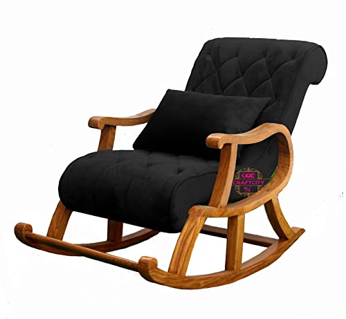 Image of CRAFTCITY Sheesham Wood Elegant Rocking Chair with Pillow and Matching Foot Stool /Living Room Chair /Rose Wood Rocking Chair /Single Seater Sofa with Footrest,Pre-Assembled (Black)