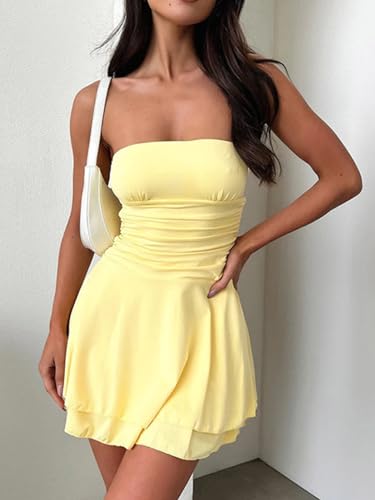 Image of Women Sexy Tube Top Silk Dress Strapless Ruched Basque Waist Ruffle Layer Mini Dress Jumpsuit Party Dresses