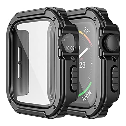 Adepoy 2 Pack Rugged Case Compatible for Apple Watch 44mm Series SE/6/5/4 with Tempered Glass Screen Protector, Military All Around Hard TPU Protective Cover Case Shockproof Bumper for iWatch Men 44mm Cover