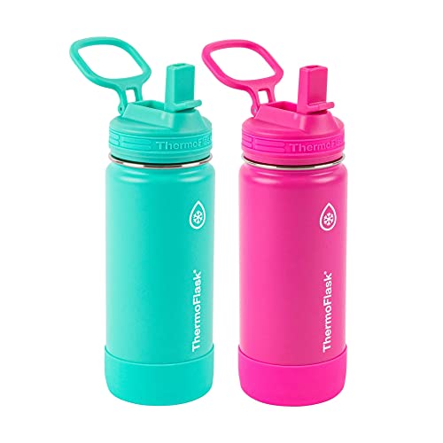 Thermoflask Double Wall Vacuum Insulated Stainless Steel 2-Pack Of Water Bottles, 16 Ounce, Aquamarine/Storm Pink #TOP22