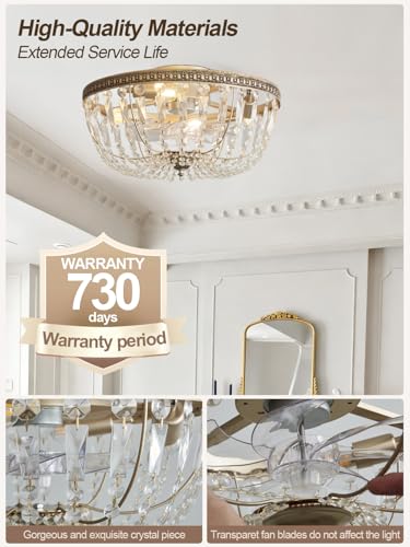 Image of 20 inch Flush Mount Fandelier Ceiling Fan with Light, Crystal Gold Fandelier Ceiling Fan with Light Remote Control, Vintage French Country Caged with 6 Speeds for Bedroom, Living Room, Foyer, Nursery