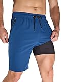 Arcweg Men's Swim Trunks with Compression Liner and Zipper Pockets Quick Dry Bathing Suit Board Cyan Blue Swimming Shorts Medium