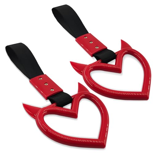 Image of 2PCS Heart shaped Car Handle Straps, Heart Car Accessories, Ring Hearts Shaped Cars Hand Strap Drift Charm, Universal Handle Keychains Accessory Suitable for Cars Bus (Red+black)