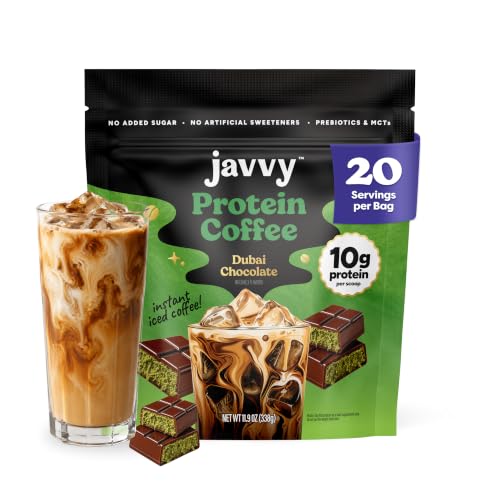 Image of Javvy Protein Coffee for Cold Brew & Iced Coffee, Dubai Chocolate | 10g Whey Protein, 100% Natural Cold Brew, Zero Artificial Flavors & Sweeteners, 80mg Caffeine, No Added Sugar