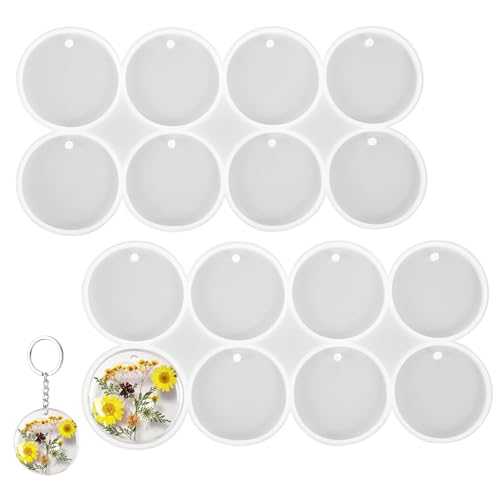 TAHULIK 16 Cavity Resin Keychain Molds Flat Circle Silicone with Hole