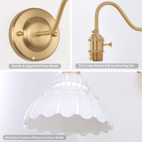 Image of Shenmoyl Battery Operated Wall Sconce Set of 2, Vintage Rechargeable Wall Lights with White Lily Glass Shade, Wireless Indoor Wall Lamp for Bedroom Living Room Bathroom