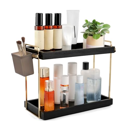 WILLKOMMEN Etagere Rangement Salle de Bain avec 2 Niveaux, Etagere Douche sans Percage, Support pour Cosmétiques, Rangement Plan de Travail Cuisine - Noir