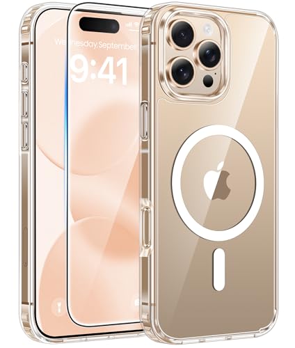 Image of FNTCASE for iPhone 16 Pro Max Case: [Compatible with Magsafe] [Screen Protector] Anti Yellowing Transparent Clear Magnetic Phone Cover - Military Grade Shockproof Drop Proof Protective Cases - Clear
