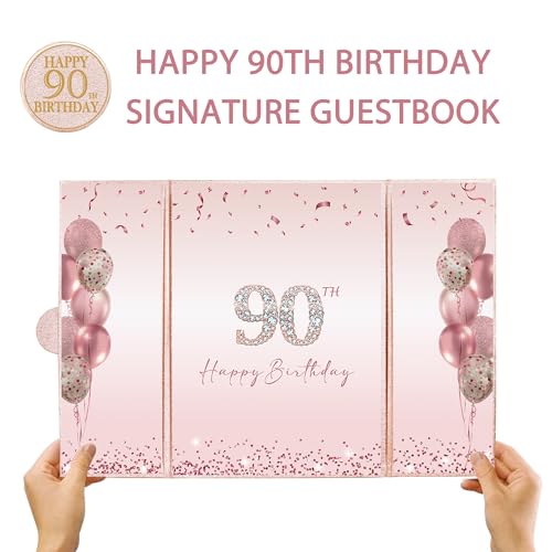Image of DARUNAXY Rose Gold 90th Birthday Party Decorations, Happy 90th Birthday Alternative Signature Guest Book for Women Pink Cheers to 90 Years Old Gifts 90 Birthday Signing Card Board Party Supplies