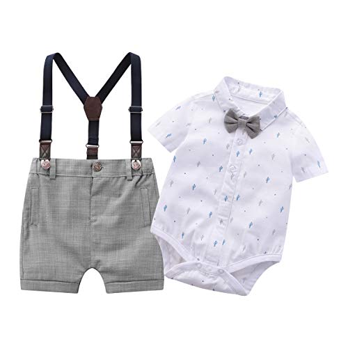 Baby Boys Gentleman Outfits Suits, Infant Short Shirt+Bib Pants+Bow Tie Overalls Clothes Set,3-6M White