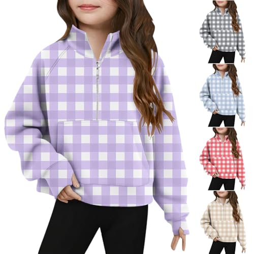Girls Half Zip Sweatshirt Stand Collar Loose Long Sleeve Pullover T-Shirts Casual Plaid Tee Tops for Kids 5-14 Years2