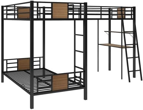 Bellemave L-Shaped Metal Triple Bed with Desk and Shelf, Twin Over Twin Bunk Bed Frame with Loft Bed and 2 Ladders (Black+Brown)