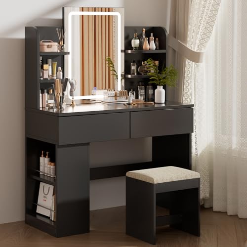 Airfish Coiffeuse avec Miroir LED et Tabouret, Lumière Réglable, Table de Maquillage avec 4 Étagères et 2 Tiroirs, Meuble Chambre avec Rangement Latéral...