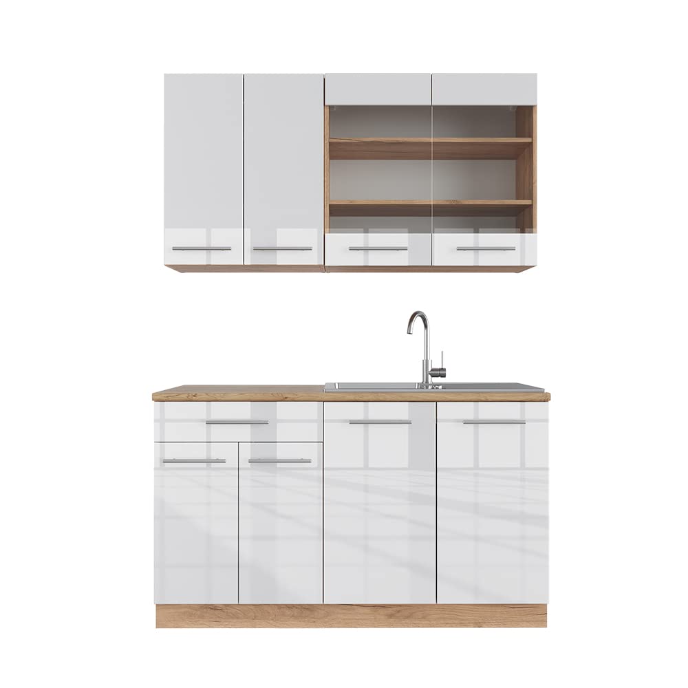 Vicco Singleküche Fame-Line, Weiß Hochglanz/Goldkraft Eiche, 140 cm | ohne Arbeitsplatte, zur freien Kombination mit ergänzenden Küchenmodulen