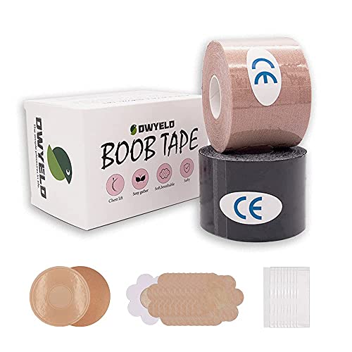 Premium Boob Tape Kit, 2 Rotoli di Nastro Invisibile per il Sollevamento del Seno(1Pelle Chiara+1Nero), Reggiseno Adesivo Set con 12pcs di Copri Capezzoli e 18pcs di Fashion Tape di Corpo Biadesivo