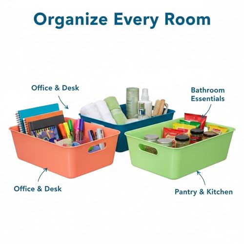 Image of Plastic Storage Organizer Bins with Handles (Pack of 3) | Multipurpose Storage Basket for Kitchen, Pantry, Bathroom, Office & Kids Room | Stackable Durable Storage Containers for Home Organization