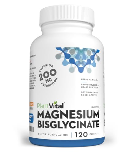 PlantVital Magnesium Bisglycinate - Made in Canada - 200mg Capsules - Magnesium Supplements for Energy Metabolism, Muscle Function, Bone and Heart Health, and Electrolyte Balance - 120 Vegan Capsules