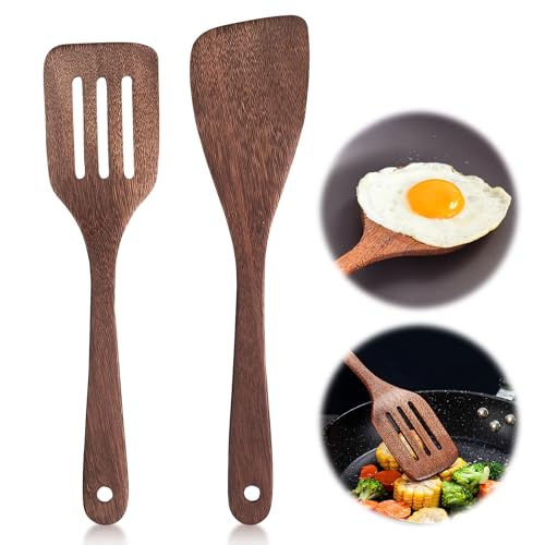 2 espátulas de madera, espátula de madera para cocinar, espátula de madera con vetas, mango largo, espátula de madera antiadherente para sartén wok con revestimiento antiadherente
