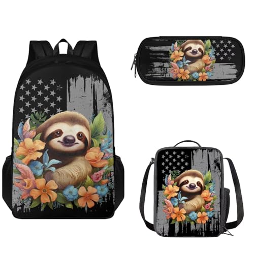 Set di zaino scolastico per ragazzi e ragazze con doppia cerniera per bambini grande borsa per la scuola con per il pranzo a tenuta stagna e astuccio 3 in 1 Bandiera leggero